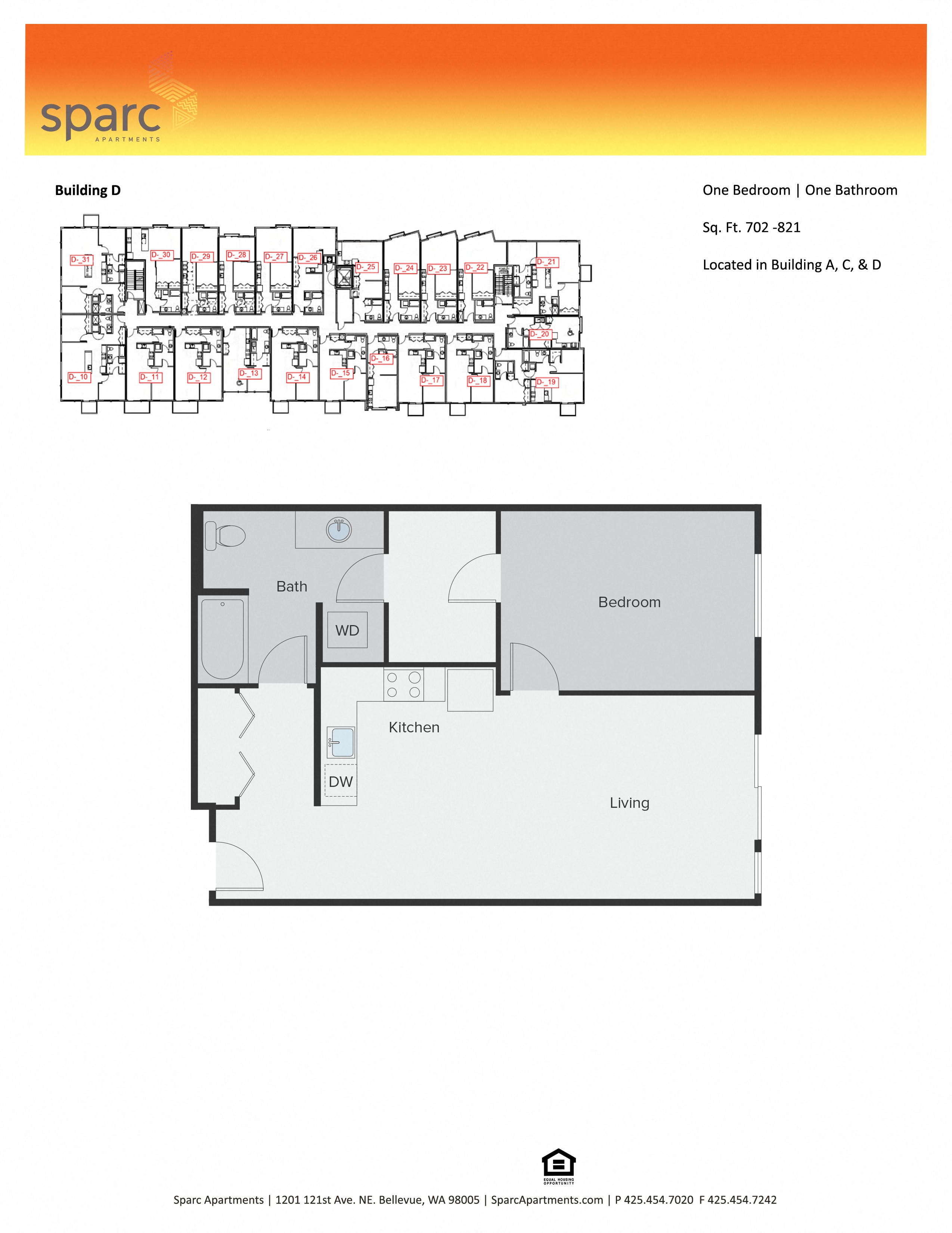 Floor plan for 1 bed, 1 bath, 789 sqft